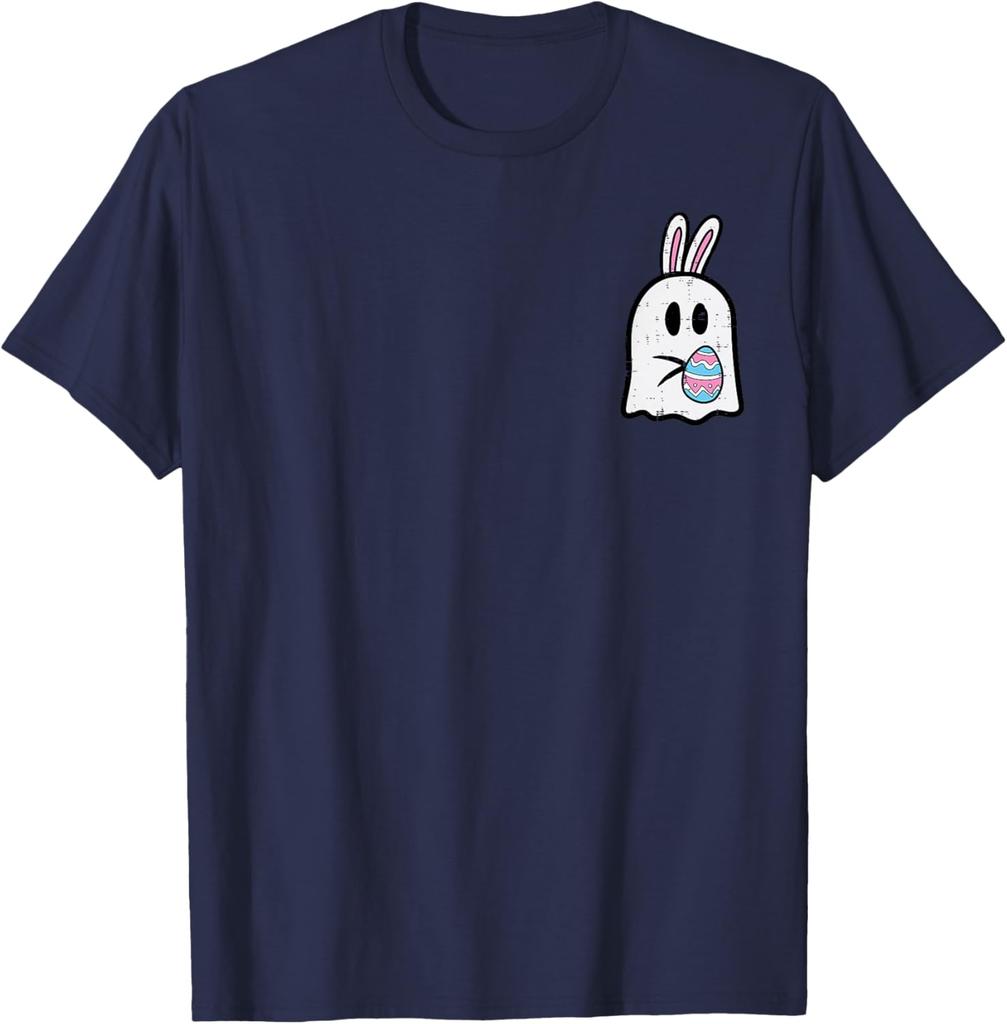 Easter Ghost Bunny Pocket Funny Egg Graphic Tee Soft Cotton Casual T-Shirt for Men Women