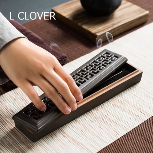 L CLOVER Incense Holder, Horizontal Storage with Lid, Stainless Steel Net, Buddhist Altar, Incense Burner, Incense Holder, Ceramic (Dark Brown)