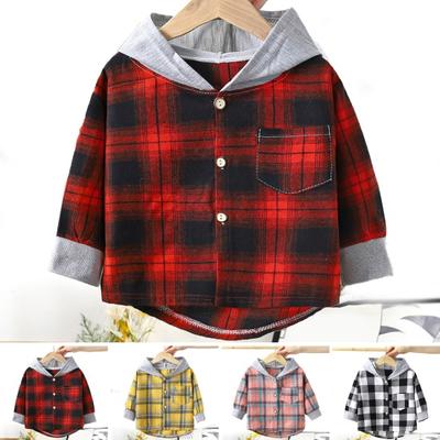 Crianças xadrez camisa com capuz primavera outono peito bolso botão fechamento solto causal meninos meninas crianças crianças mangas compridas jaqueta superior