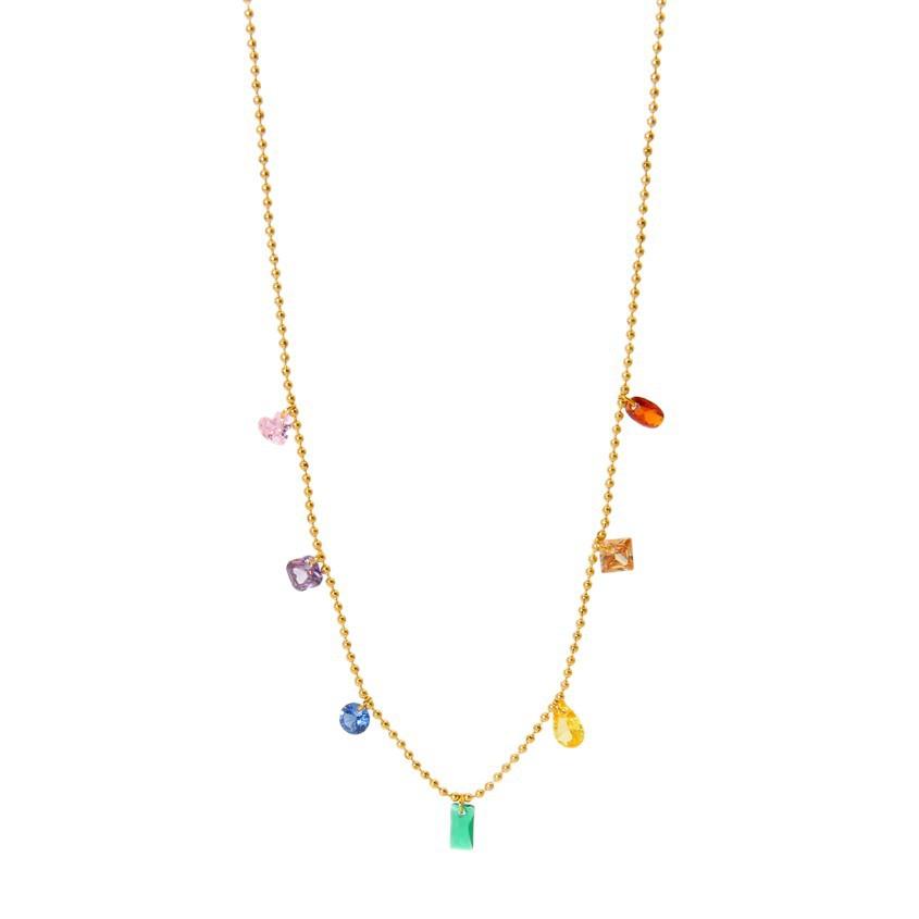 Ins High-end Stainless Steel Colored Zircon Pendant Necklace 18K Gold Niche Round Bead Chain Jewelry Women