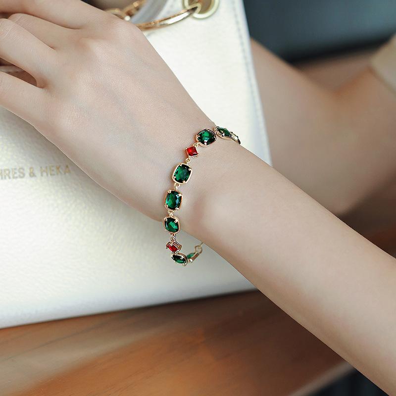 Real Gold Electroplated Diamond Emerald Bracelet Korean Retro Fashion Design Bracelet Temperament Trendy Simple Jewelry