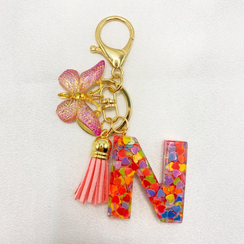 26-Letter Alphabet Resin Keychain with Star Sequins & Tassel Charm
