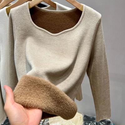 Maglioni in Maglia Ispessiti in Pile da Donna Tinta Unita Top Intimo Termico Moda Invernale Femminile Magliette Intime a Collo Basso