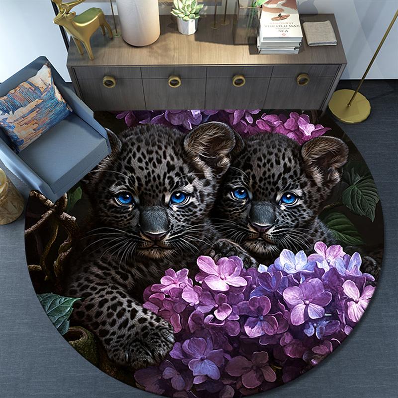 Runder Teppich mit Leopardenbabys, Teppich für Wohnzimmer, Schlafzimmer, Sofa, Spielzimmer Dekoration, rutschfeste Fußmatte