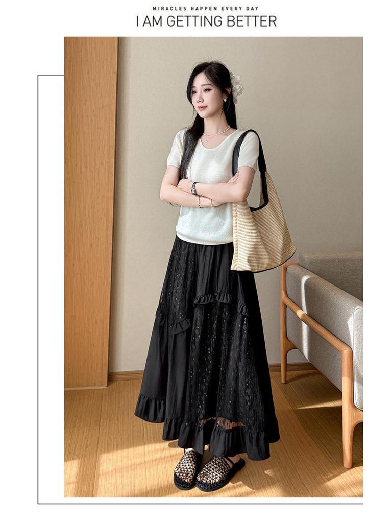 Women's White Lace Ruffled Midi A-line Cake Skirt - 2026 Spring/Summer