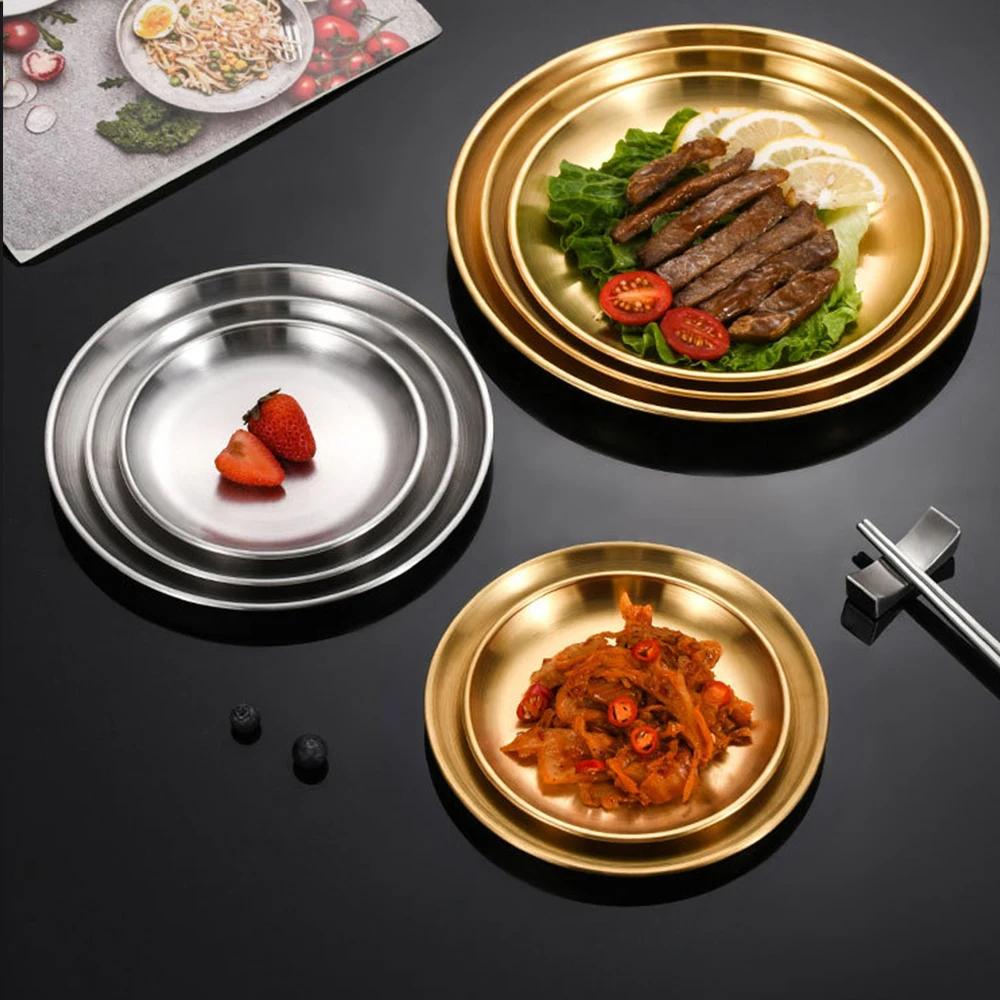 4Pcs Round Golden Plate Rust-Proof Stainless Steels Shallow Tray Plate 20/23/26/30cm Camping Plate BBQ Picnic Dishes Cookware