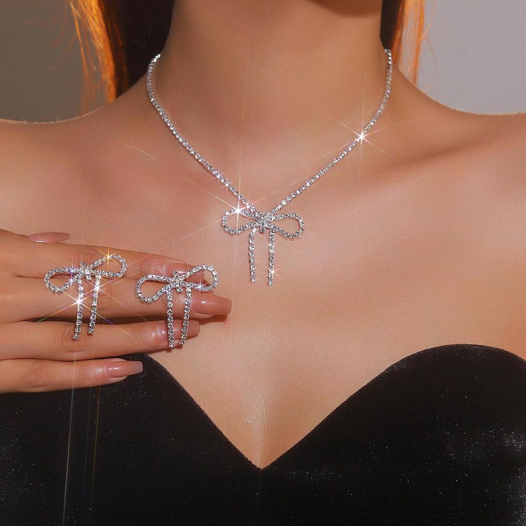 Sparkling Rhinestone Bow Necklace & Earrings Set - Two-Piece for Runway Competitions