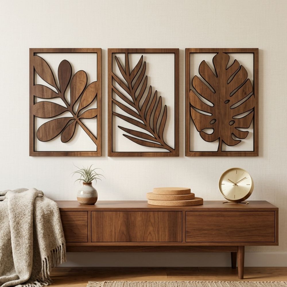 3Pcs Artistic Wooden Tropical Leaves Wall Sign Rustic Plant Wall Ornament  Indoor Home Decor