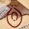 Retro Zinnoberrot Perlenohrringe Dreiteiliges Set, Ethnischer Stil Leichter Luxus Handgefertigte Perlenkette Armband Damen