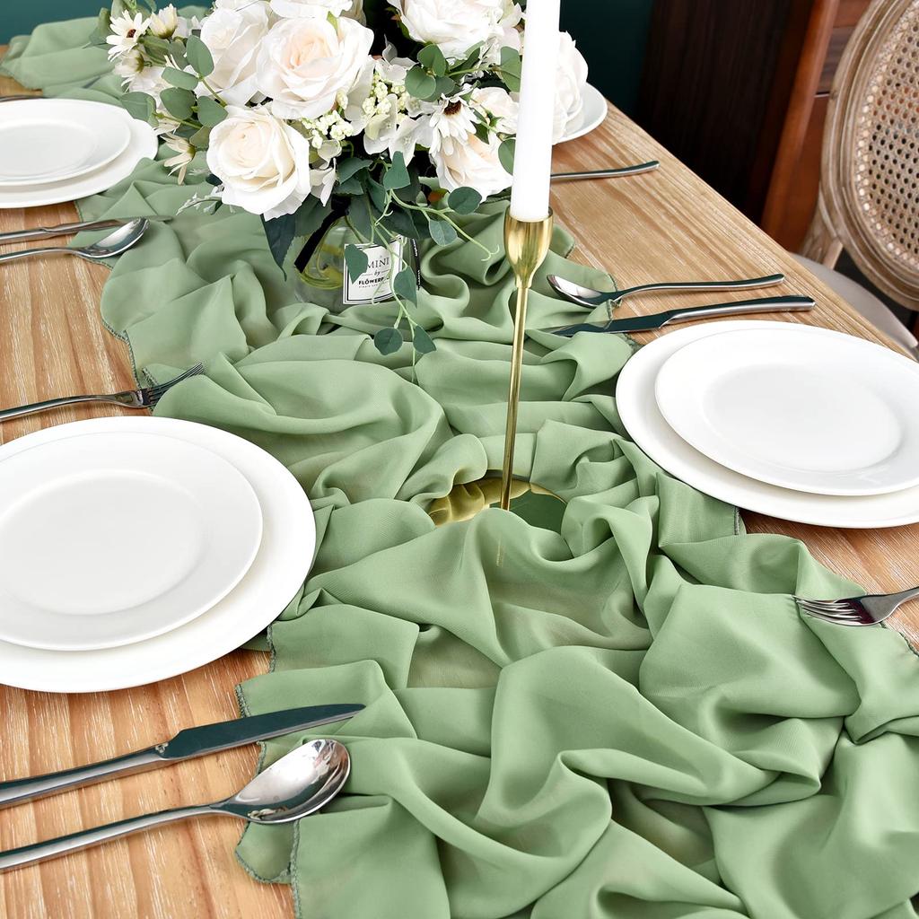 Sage Green Chiffon Wedding Table Runner Table Setting Gauze Sheer Vintage Dining Birthday Party Cake Table Decor Marriage