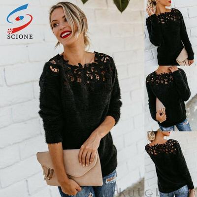 Sweater Women Sexy Lace Hollow Sweaters Long Sleeve Pullover Tops Ladies Jumper Out Knitwear