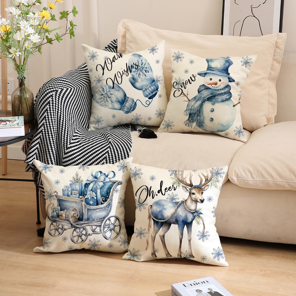 Christmas Throw Pillowcase Home Decoration Sofa Pillowcase Elk Snowman Print Pillowcase