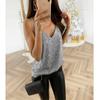Women Pink Sequin V Neck Spaghetti Strap Party Cami Top