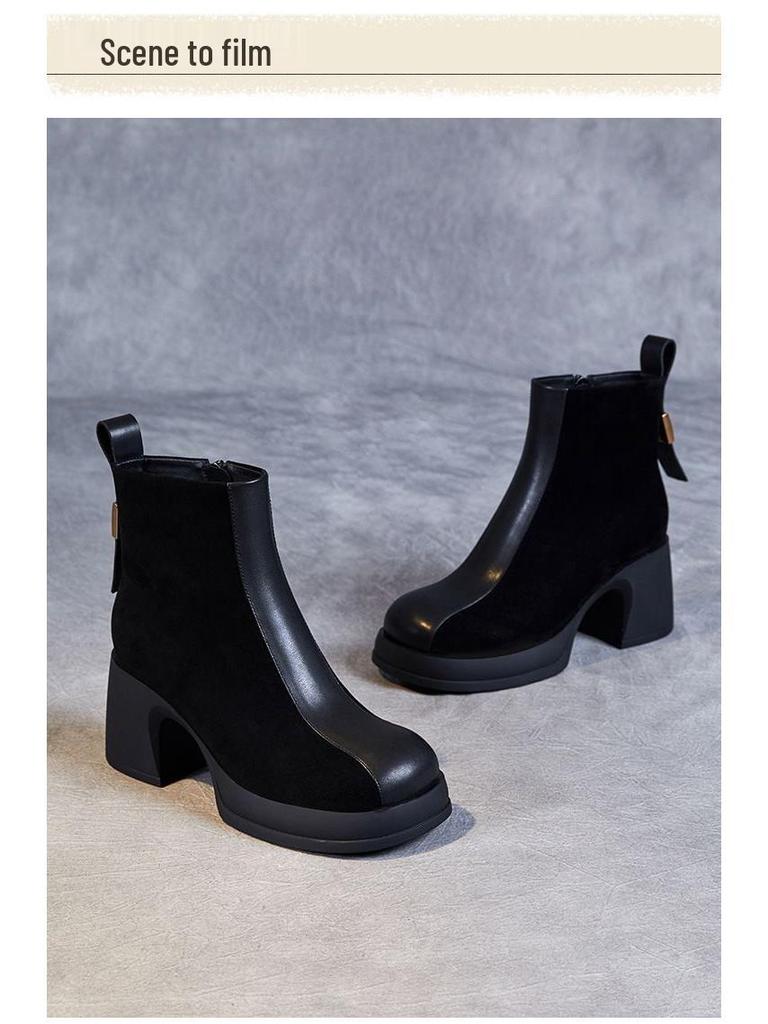 Korean Style Slimming Square Toe Suede Ankle Boots - Women's Thick Sole Platform Sock Boots for Autumn/Winter