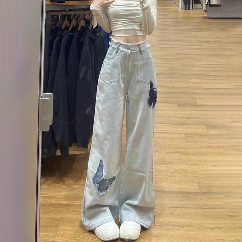 High-Waisted Straight Leg Denim Pants With Embroidered Butterfly Distressed Wash Loose Fit Streetwear Style
