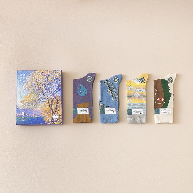 

Носки в подарочной коробке Картина маслом Моне Модные носки Французские легкие роскошные романтические модные носки Ретро универсальные уличные хлопковые носки Носки Zhuji One Size