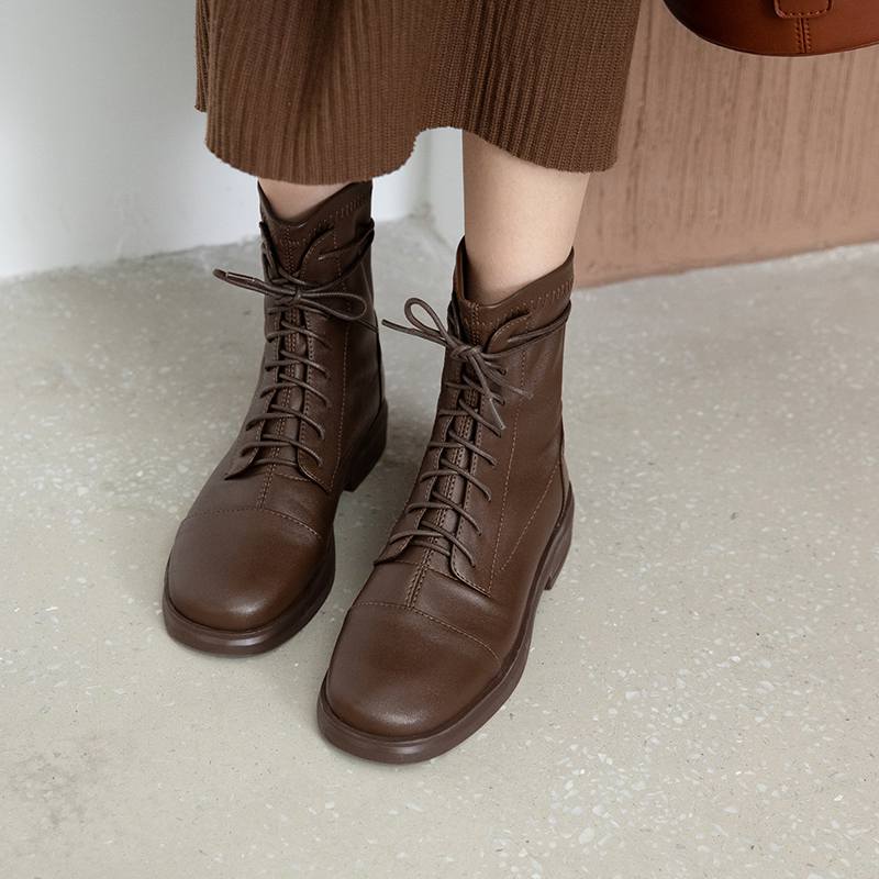 Krazing Pot Skórzane buty zimowe z okrągłym noskiem, grube, niskie obcasy, motocyklowe, damskie, sznurowane, duży rozmiar 43, botki