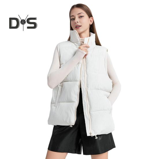 Women Winter Waistcoat Stand Collar Thick Sleeveless Padded Outerwear with Pockets Zipper Closure Mid Length Outdoor Coat