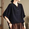 Women's Cotton Linen T-shirt  Summer Retro Loose V-neck  Plus Size Blouse Soft and Skin-friendly Blouse
