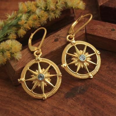 Boucle d'oreille à levier avec boussole et topaze bleue, bijoux en argent sterling 925 plaqué or jaune