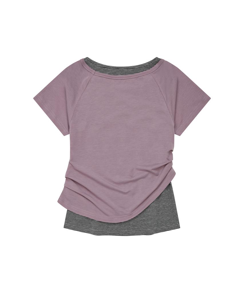 LMR Motif Embroidered Striped Layered T-Shirt Purple Pink