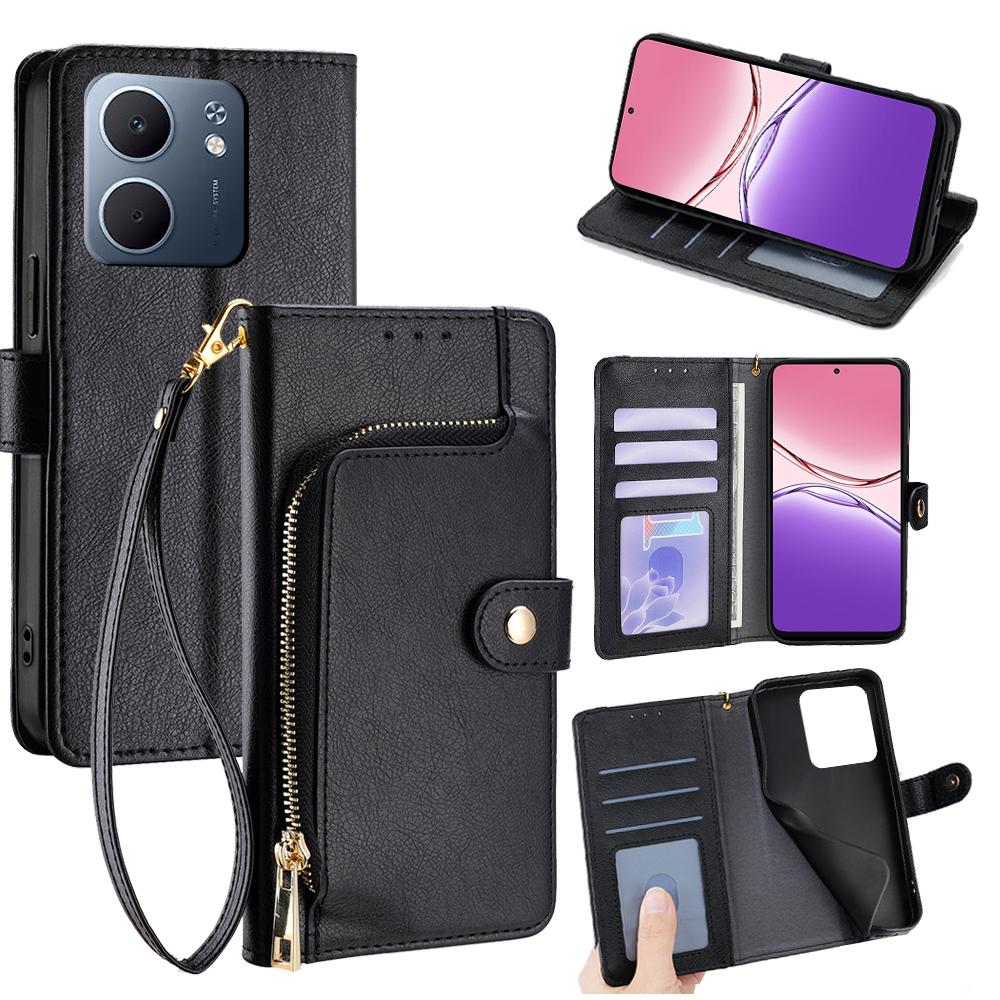 Oppo A5x 5G Tok Cipzáras Zseb PU Bőr Pénztárca Flip Telefonvédő Pánttal