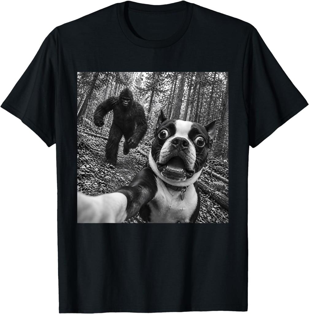 Boston Terrier Bigfoot Selfie Funny Sasquatch Photobomb Dog T-Shirt