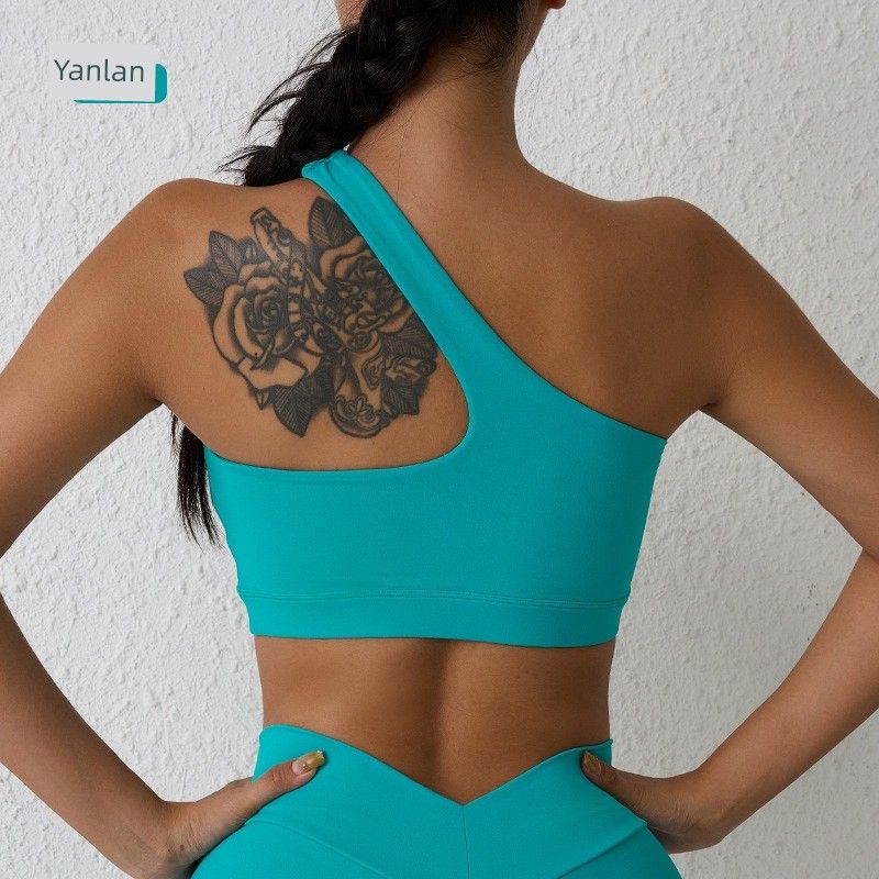 Nude Feel Sports Underwear One Shoulder Yoga Bra Removable Sports Beauty Back Bra Fitness Sports Outer Wear Sloping Shoulder