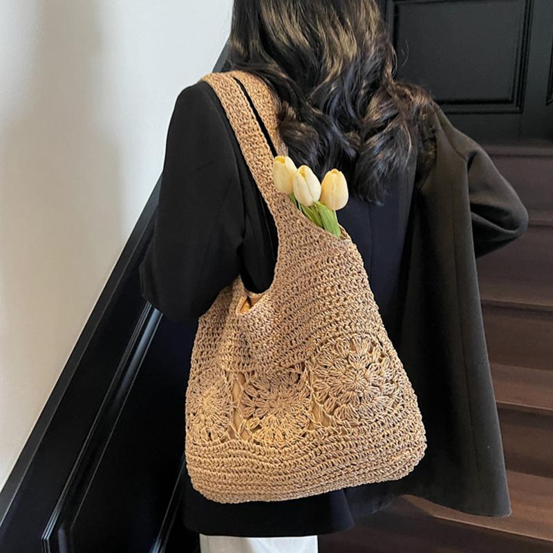 Yogodlns Large Straw Beach Bag with Zipper Summer Shoulder Bag Handbag Hobo Bag Shoulder Purse for Women Travel Vacation