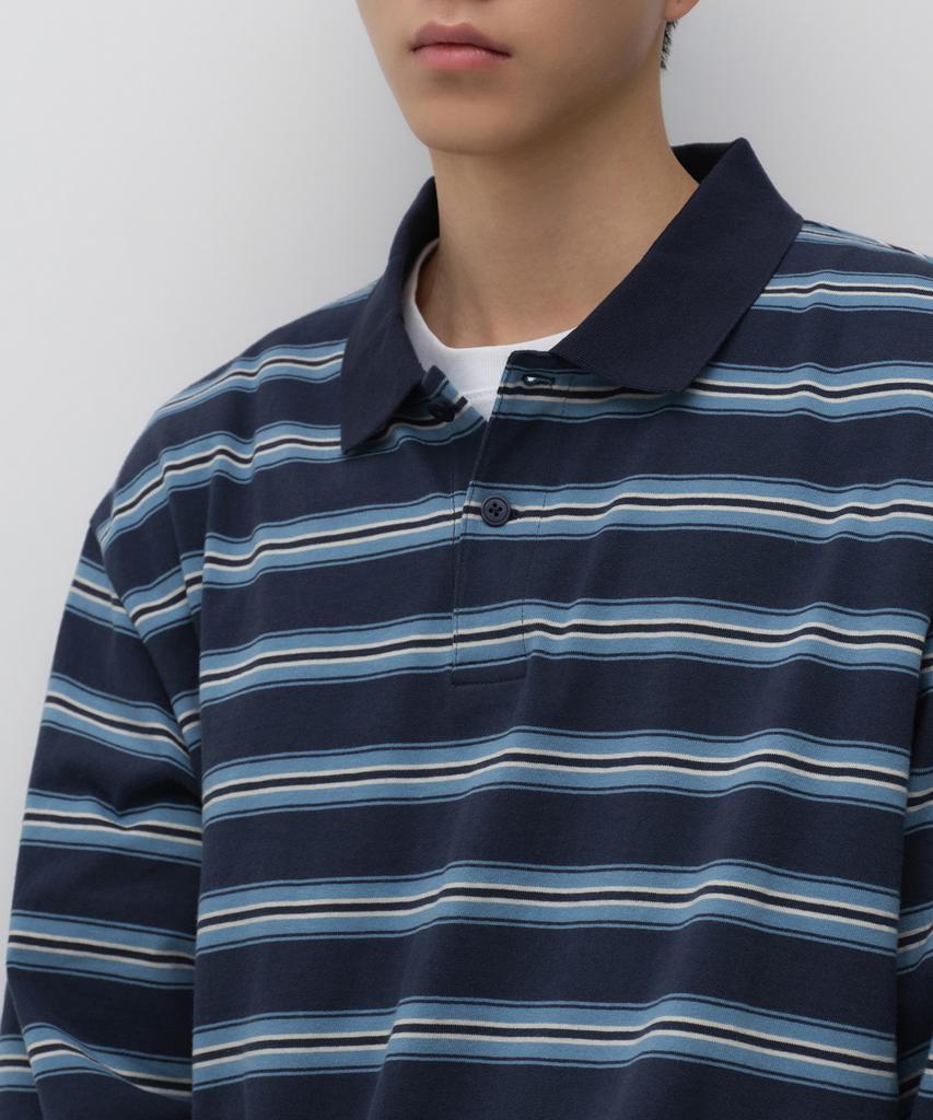 MUSINSA STANDARD Multi-Stripe Long Sleeve Polo Shirt [Navy]