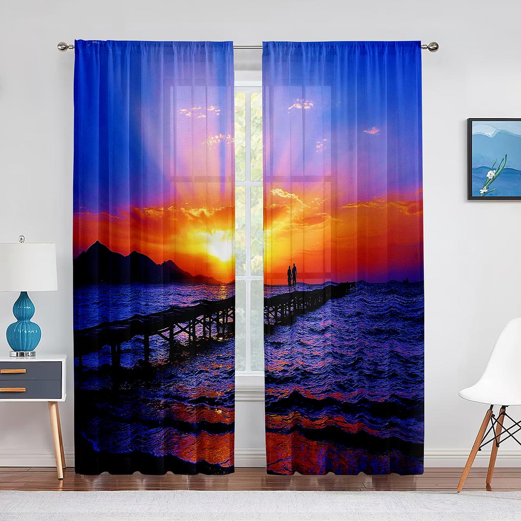 Beach Ocean Tropical Landscape Sheer Voile Curtain Hawaiian Sunset Sea Waves Tulle Curtain for Living Room Bedroom Kitchen Decor