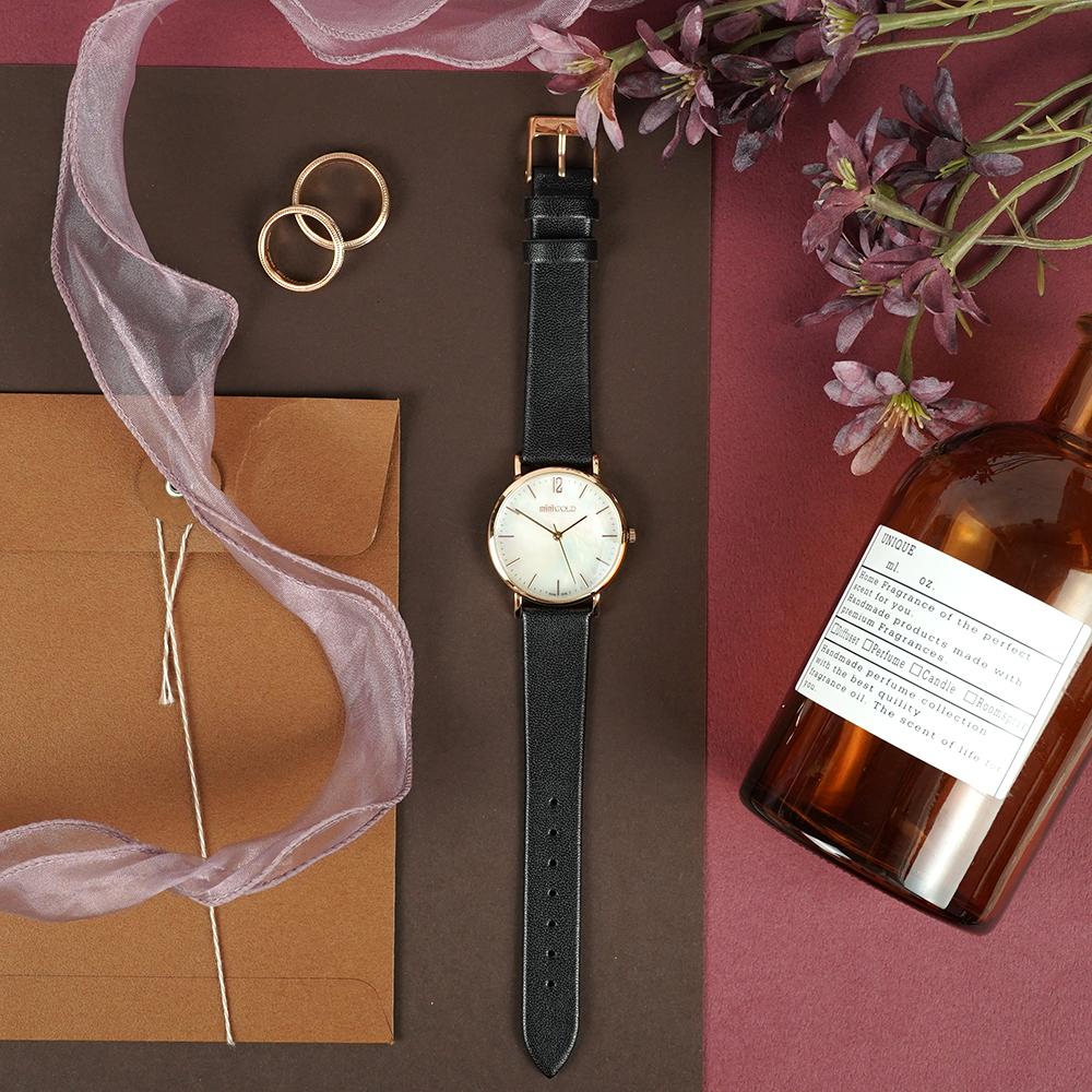 Jyullieoseu Wsb021 Mother-Of-Pearl Round Women'S Leather Watch + Free Bracelet