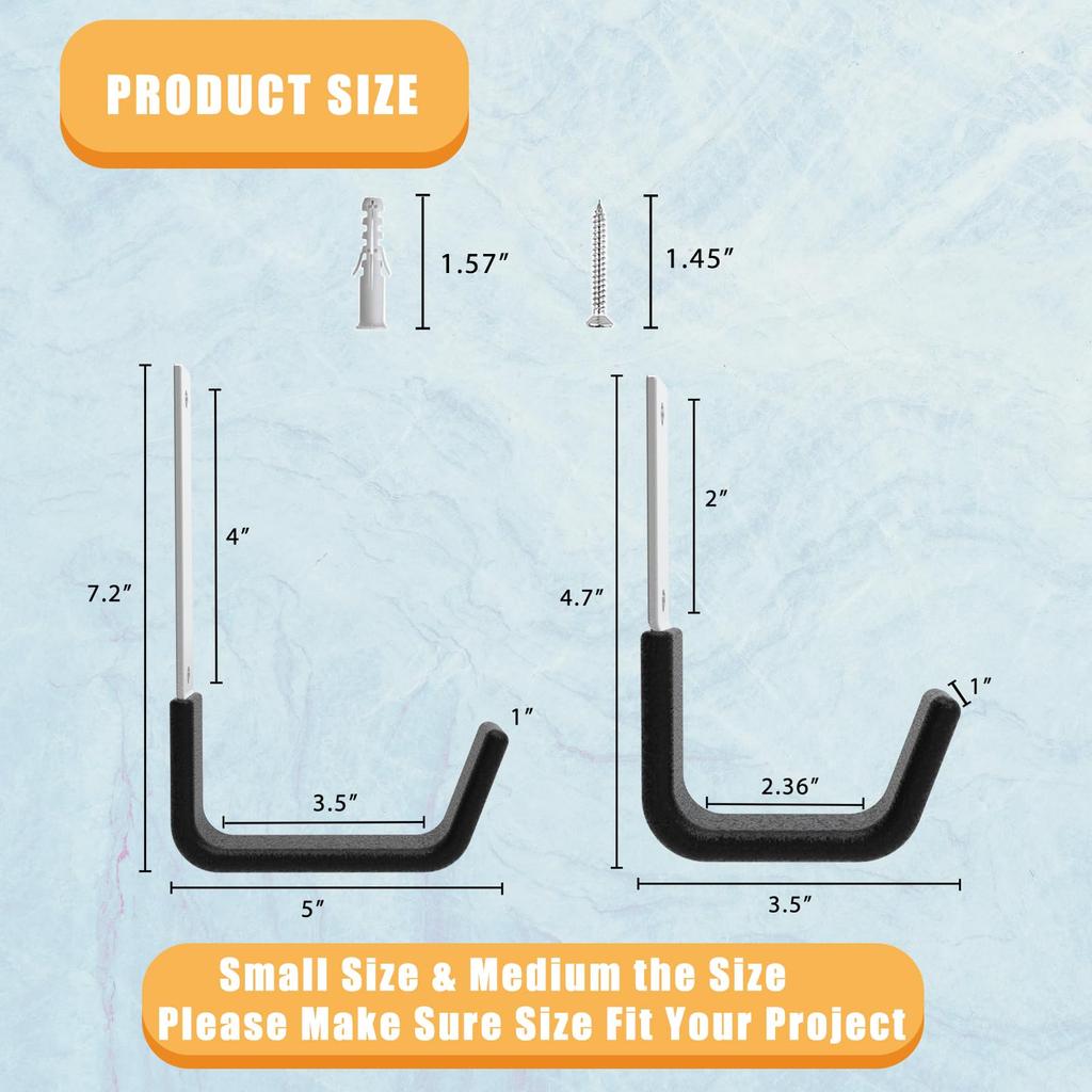 Heavy Duty Wall Mount Garage Storage Hooks: 4 Pieces Steel Utility Hanger Set 2 Small 2 Medium - Holds Ladders Hoses Bikes for Garage Organization