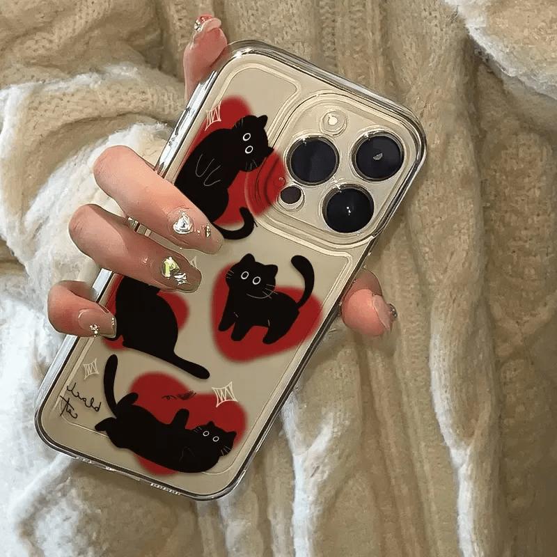 Red Heart Black Cat Phone Case for iPhone 17 16 15 14 Plus 13 12 11 Pro Max Clear TPU Protective Fashion Pet Pattern Cover