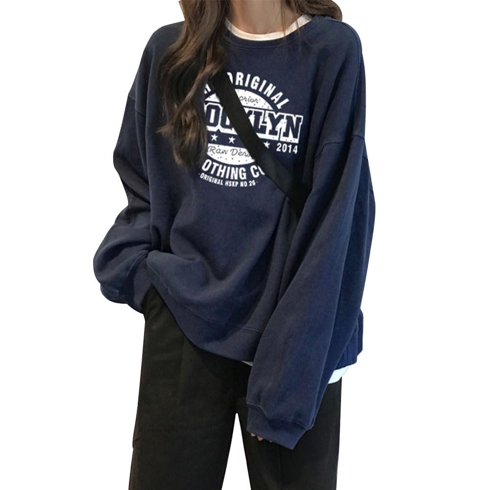 HCAWRNAP Pullover Sweatshirt with Alphabet and Logo Oversized Loose Long Korean HC34 Women's Print, Sweatshirt, Fit, Sleeves, Cute, Style, Stylish,