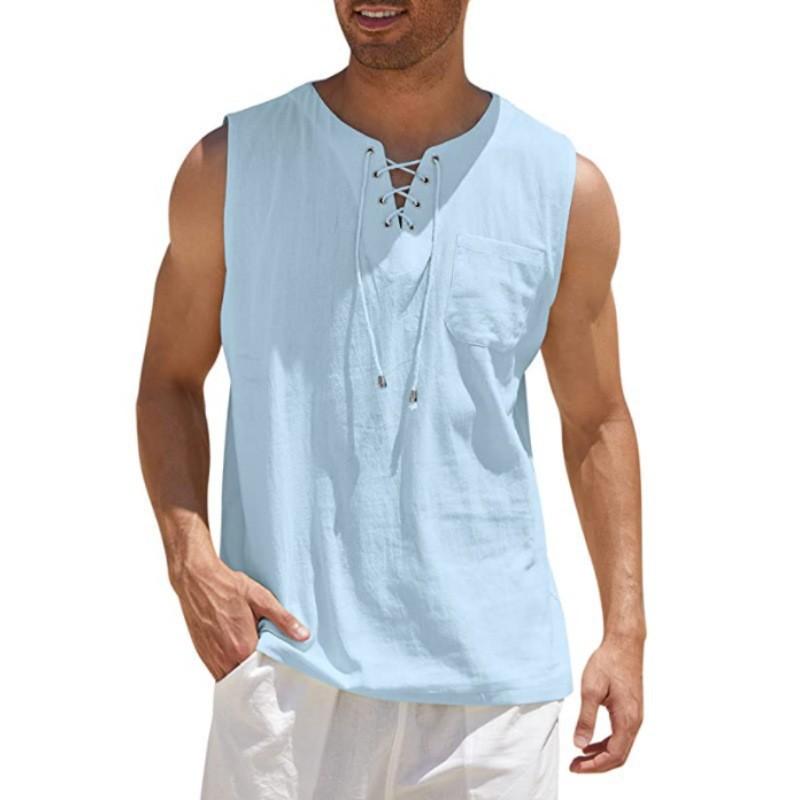 Men Crew Neck Lace Up Sleeveless Linen Tank Top Front Pocket Casual Breathable Summer Beach Vest Tops