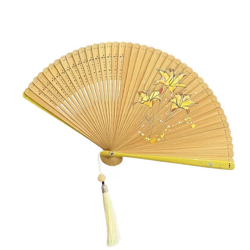 All-Bamboo Folding Fan, Chinese-Style Fan, Ancient Style, Compact and Portable, Small Bamboo Fan, New Chinese Style, Lily Design, Cheongsam Dance Fan