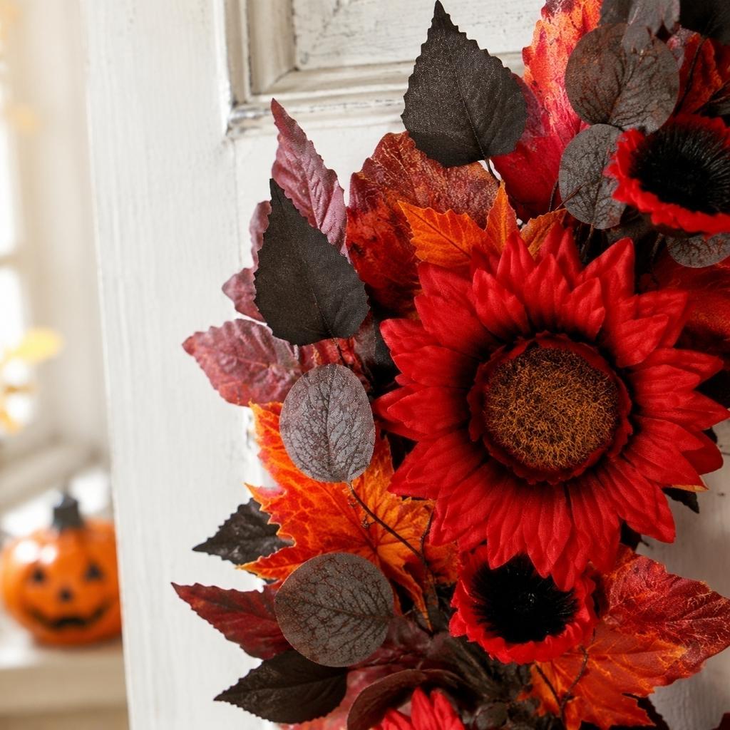 45cm Artificial Sunflower Wreath Autumn Leaf Garland Halloween Decoration Hanging Ornament for Door Wall Indoor Outdoor Use