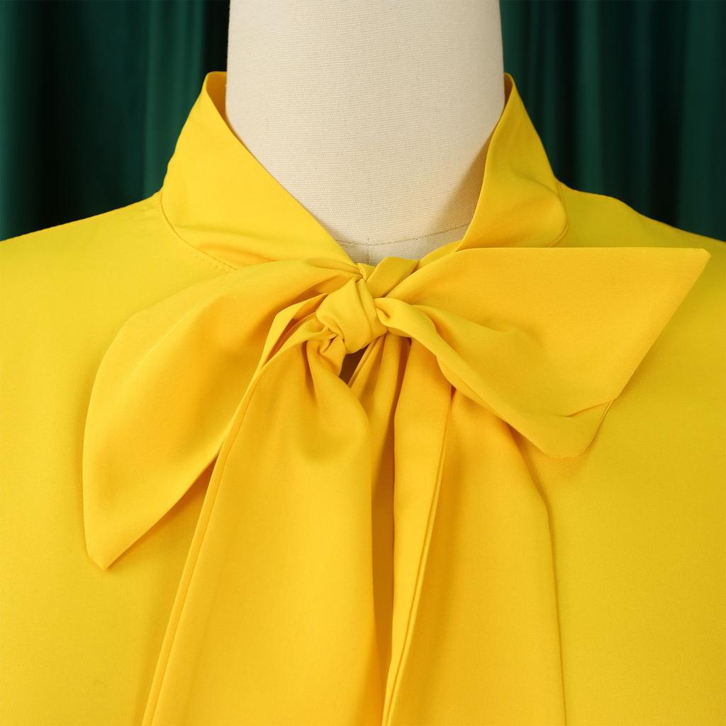 Elegant Office Dresses Women Bow Collar Ruffles Sleeve Straight Mid Calf Fashion Formal Female Business Work Wear Dress Midi Hot