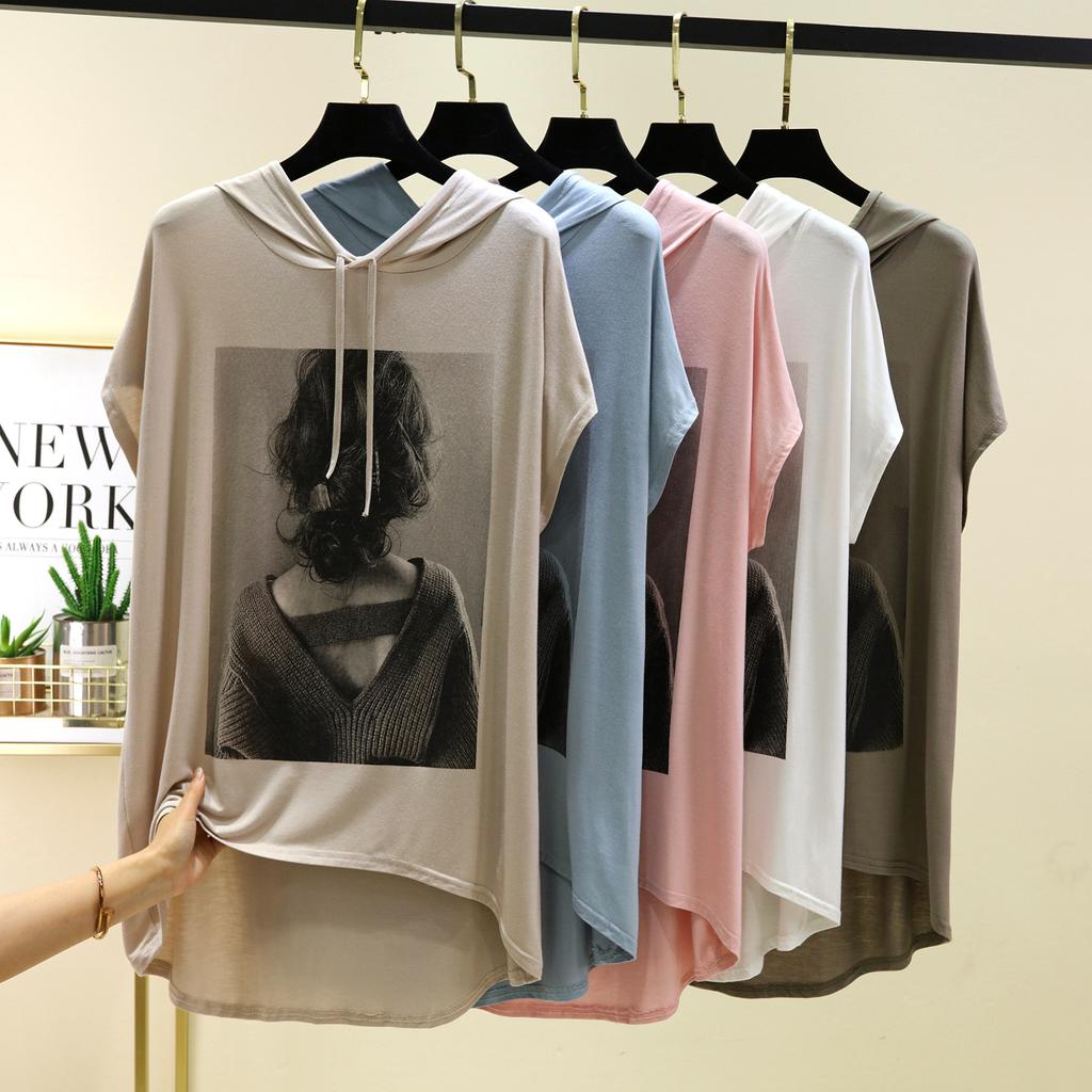 Mid-Length Beauty Print Hooded Tshirts Summer Women's Modal Hoodies Casual Tee Tops Short Sleeves Solid Color All Match