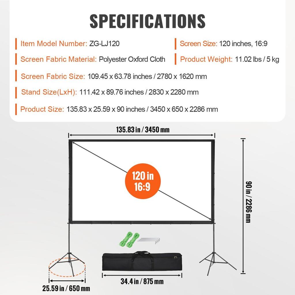 Projector Screen with Stand, 120 inch 16:9 4K 1080 HD Outdoor Movie Screen with Stand, Wrinkle-Free Projection Screen with Tripods and Carry Bag, for