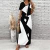 Women Plus Size V Neck Short Sleeve Black White Printed Straight Maxi Dress