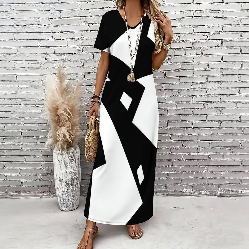 Women Plus Size V Neck Short Sleeve Black White Printed Straight Maxi Dress