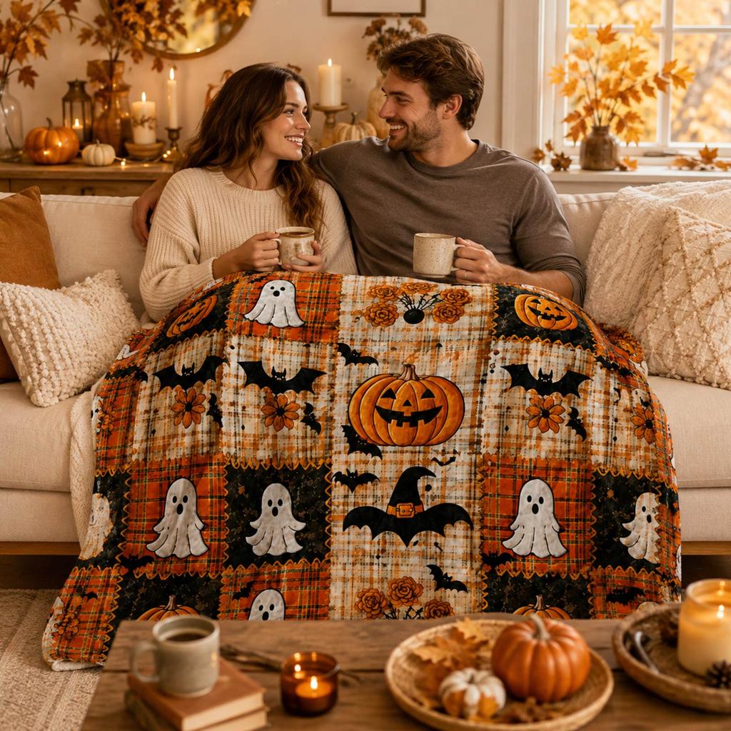 Couverture Jetée Patchwork d'Halloween – Couverture Douce en Peluche Confortable pour Canapé, Lit et Décoration de Fête
