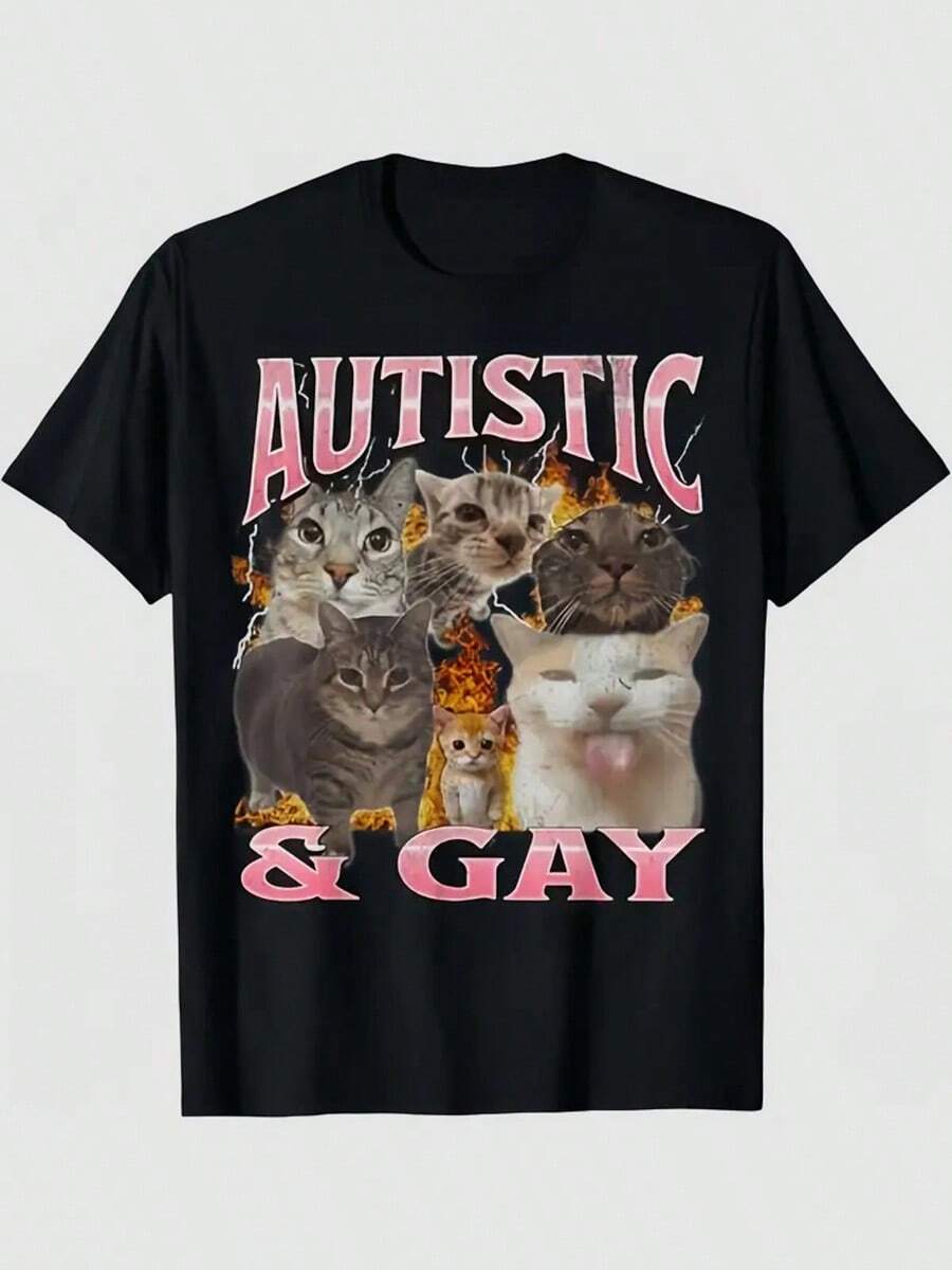 

Unisex s Autistic & Gay Pride Humorous Cat Meme Graphic T-Shirt S