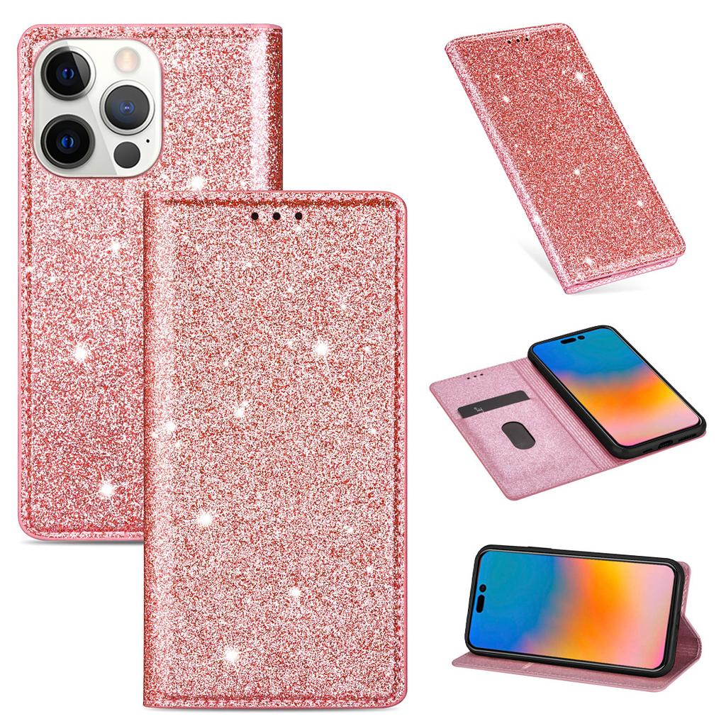 Applicable to Apple 15 glitter magnetic suction multi-card leather case 15pro women's glossy protective case 16pro card case