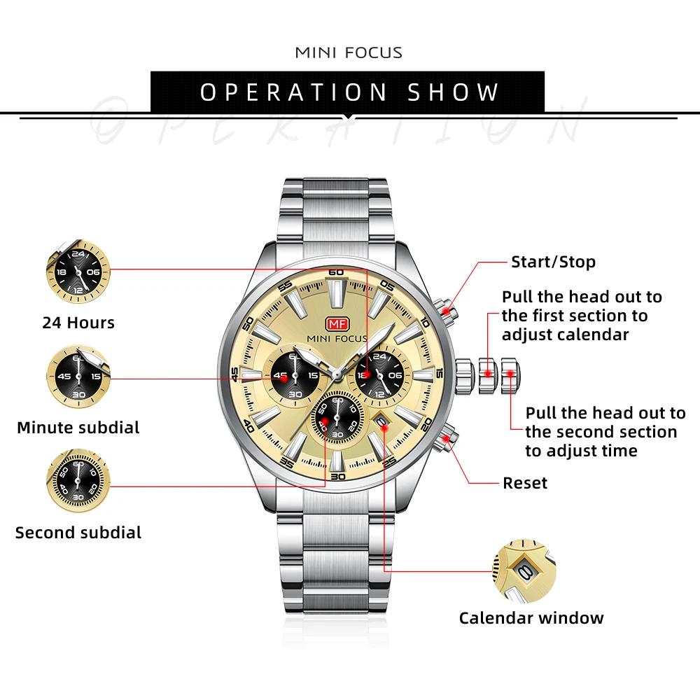 Mens Chronograph Watch Waterproof Quartz Wristwatch Steel Band Casual Business Male Clock Night Glow Display