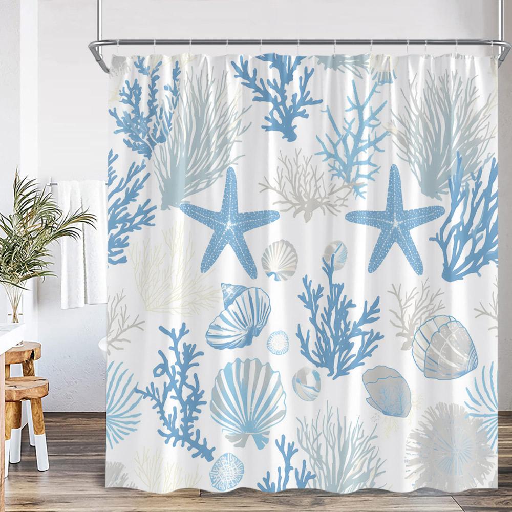 Nautical Marine Life Shower Curtain Anchor Sea Turtle Seastar Octopus Seashell Coral Ocean Summer Bathroom Curtain Decoration