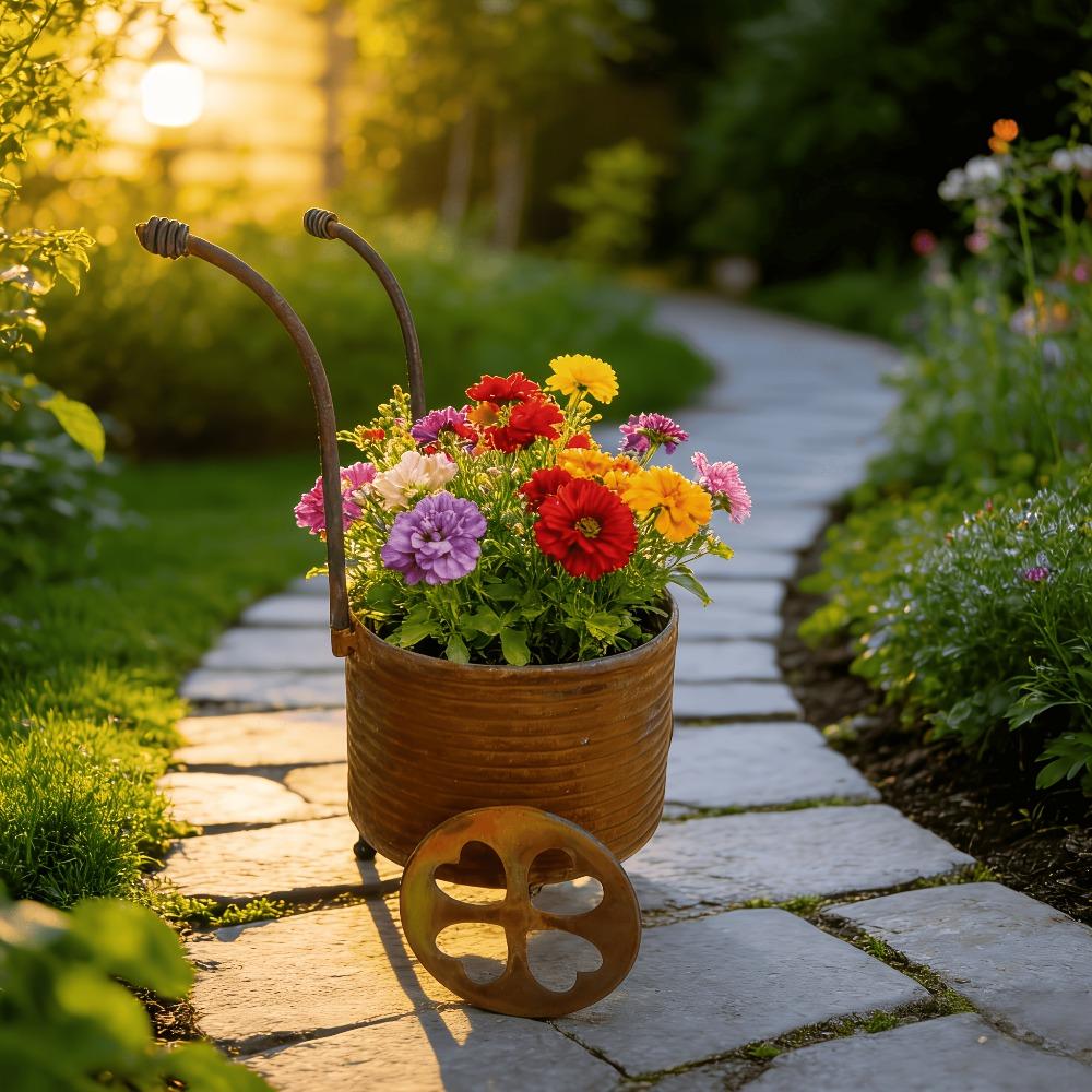 Rustic Iron Wrought Small Trolley Planter Distressed Four-leaf Clover Wheeled Flower Pot Creative Decorative Piece for Balcony