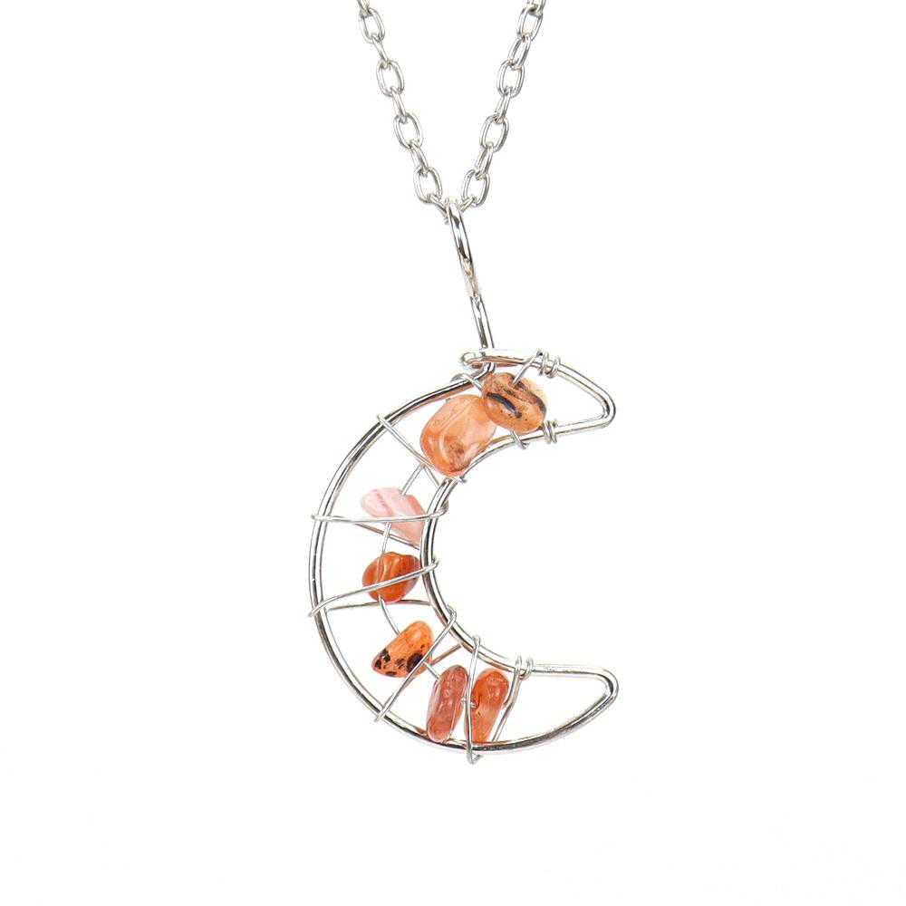 Silver Hand-Wound Colorful Gravel Bead Crystal Amethyst Moon Pendant Necklace N130